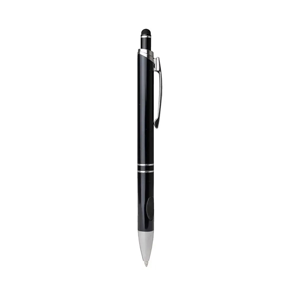 Caneta metal touch personalizada com borracha na base preta — vista frontal