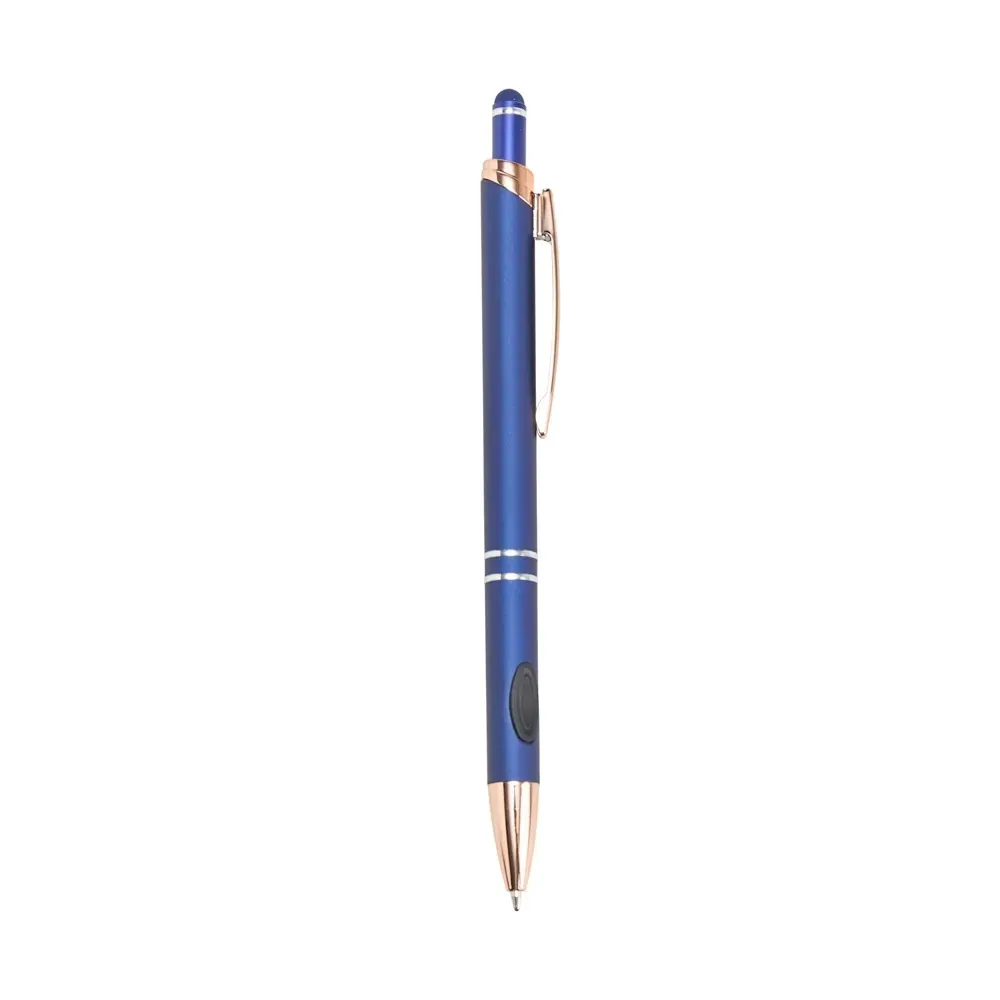 Caneta metal touch personalizada com detalhes em plástico azul escura