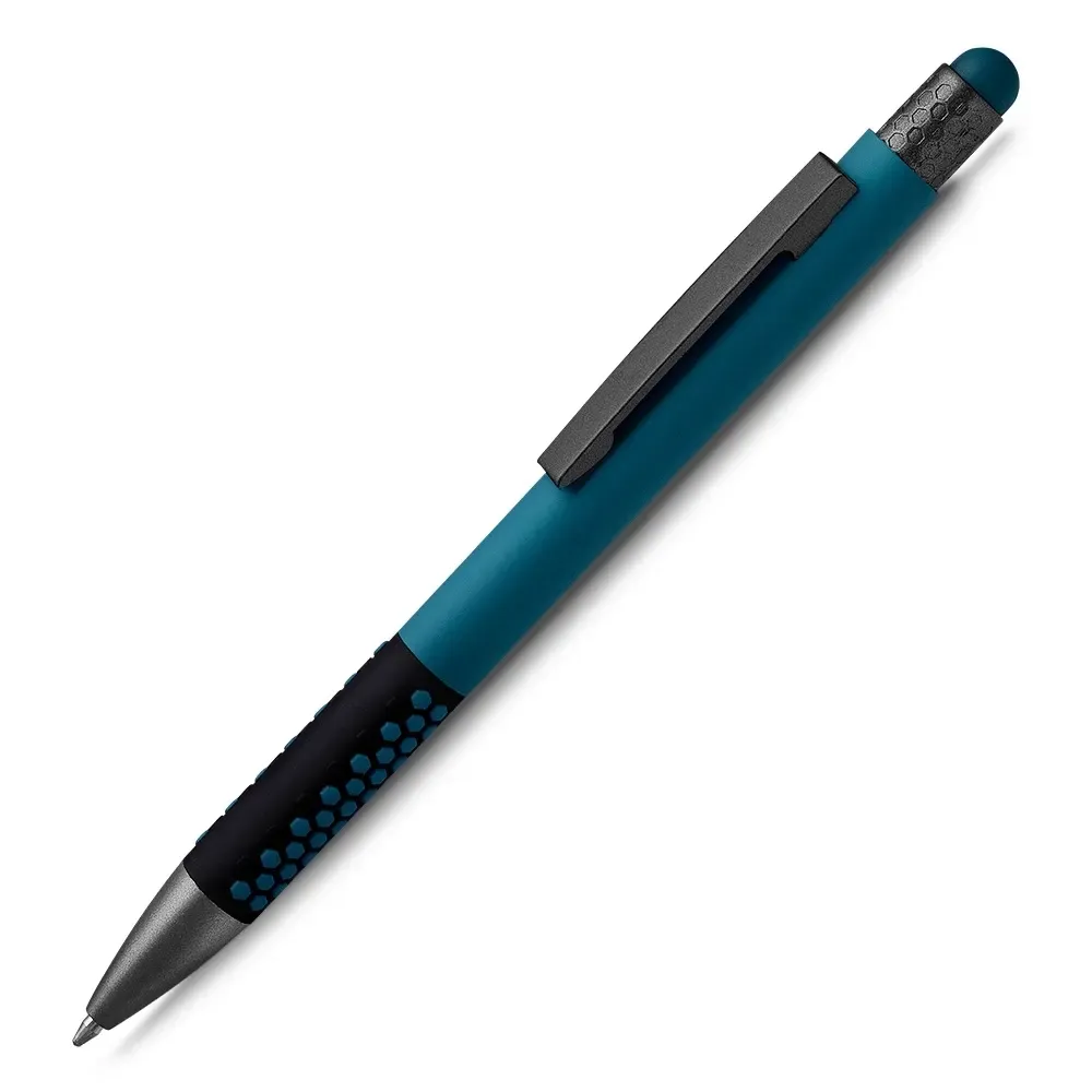 Caneta metálica touch screen personalizada azul, acabamento emborrachado