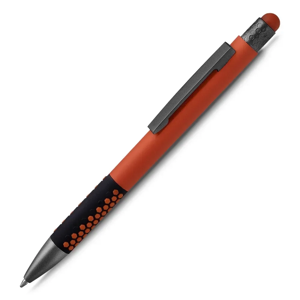 Caneta metálica touch screen personalizada laranja, acabamento emborrachado