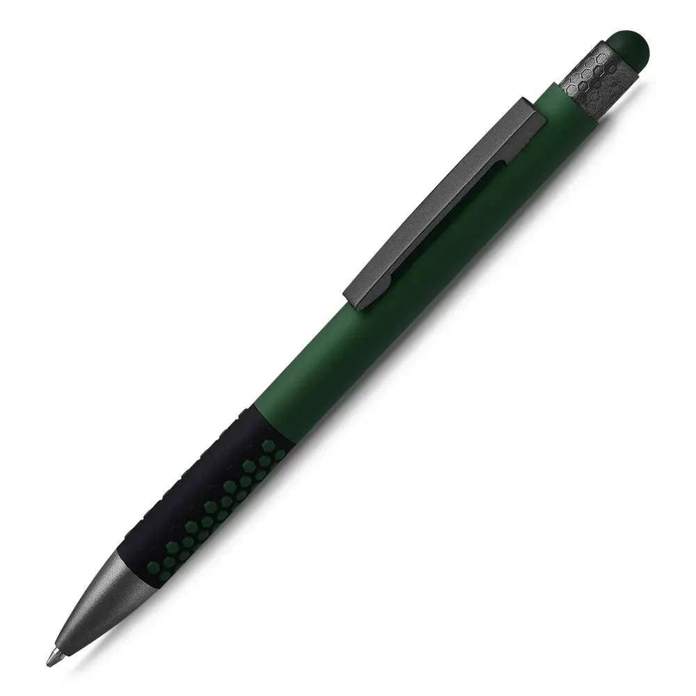 Caneta metálica touch screen personalizada verde, acabamento emborrachado