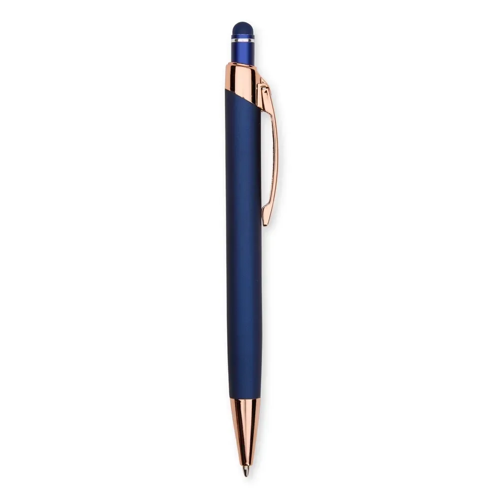 Caneta metal touch personalizada com gravação estendida azul — vista frontal