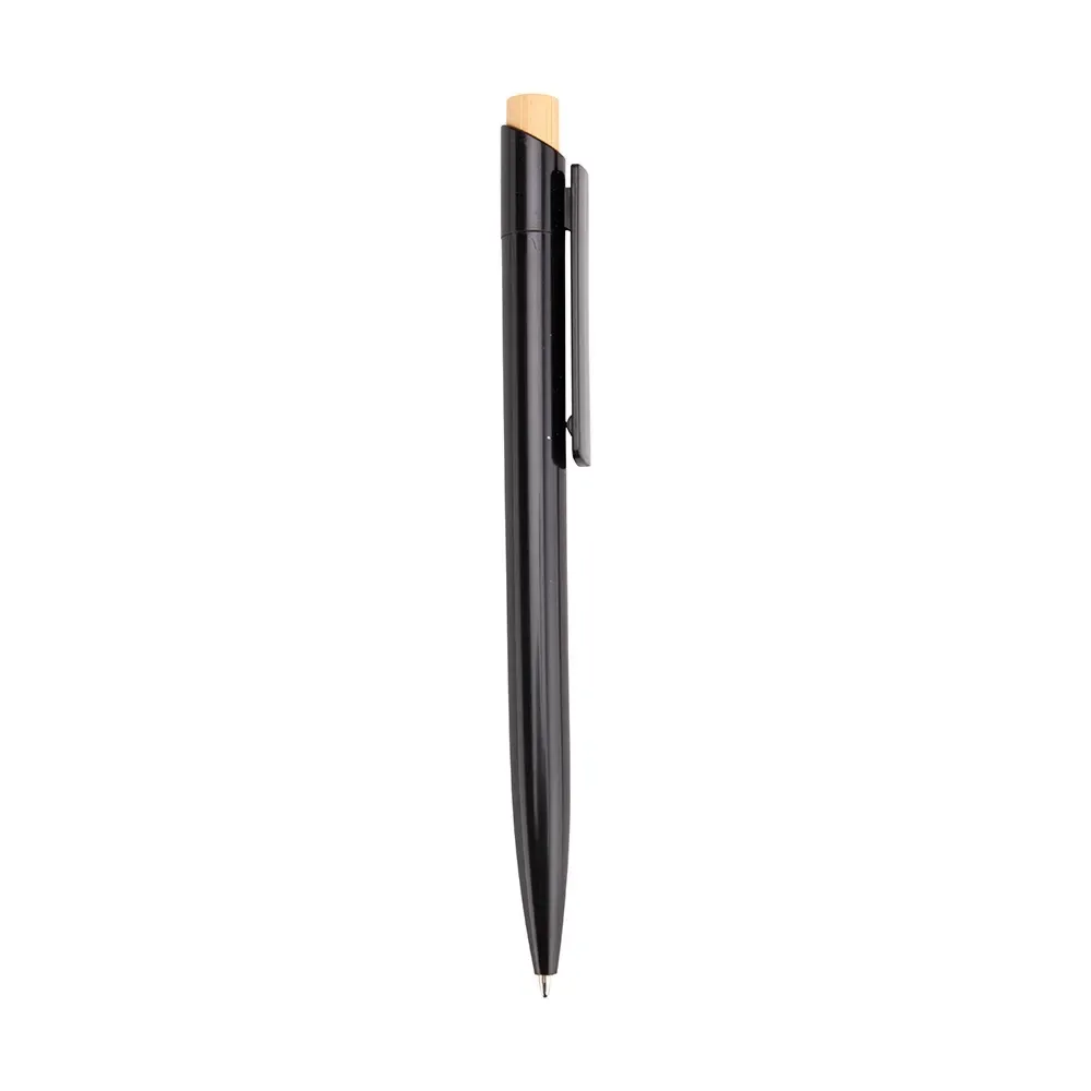 Caneta plástica personalizada acionador bambu preta