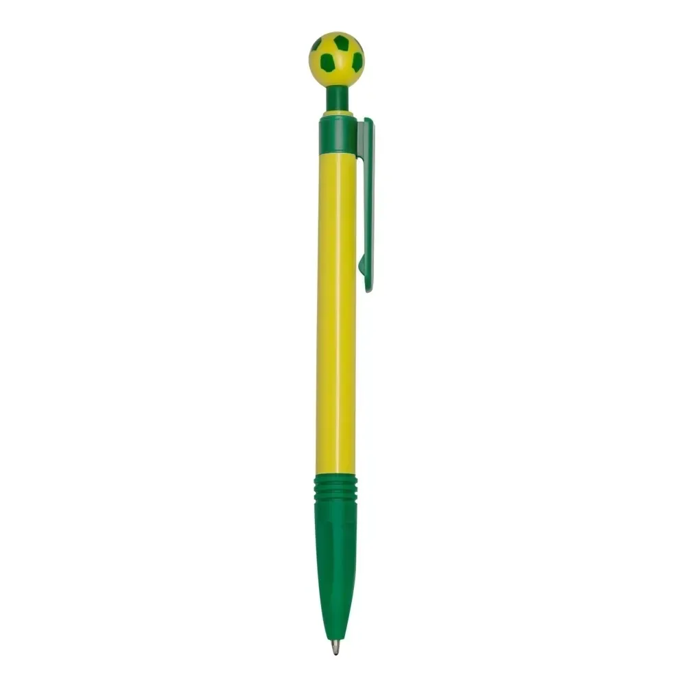 Caneta Plástica com Acionador Bola personalizada verde e amarelo