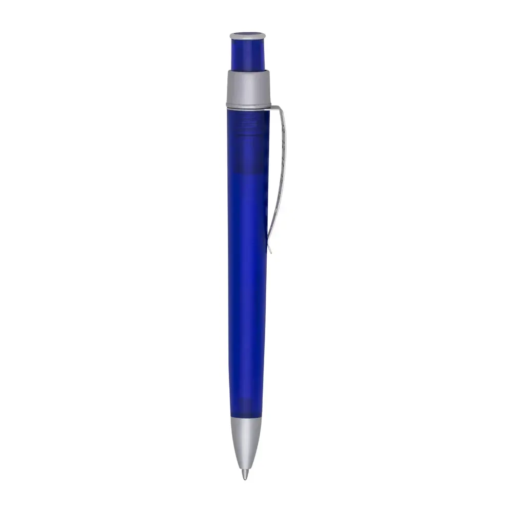 Caneta plástica personalizada com clip metálico azul — vista frontal