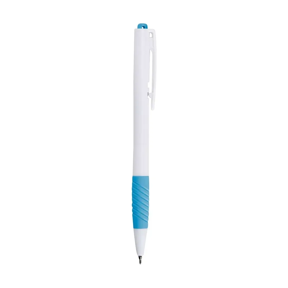 Caneta plástica personalizada azul, detalhe emborrachado