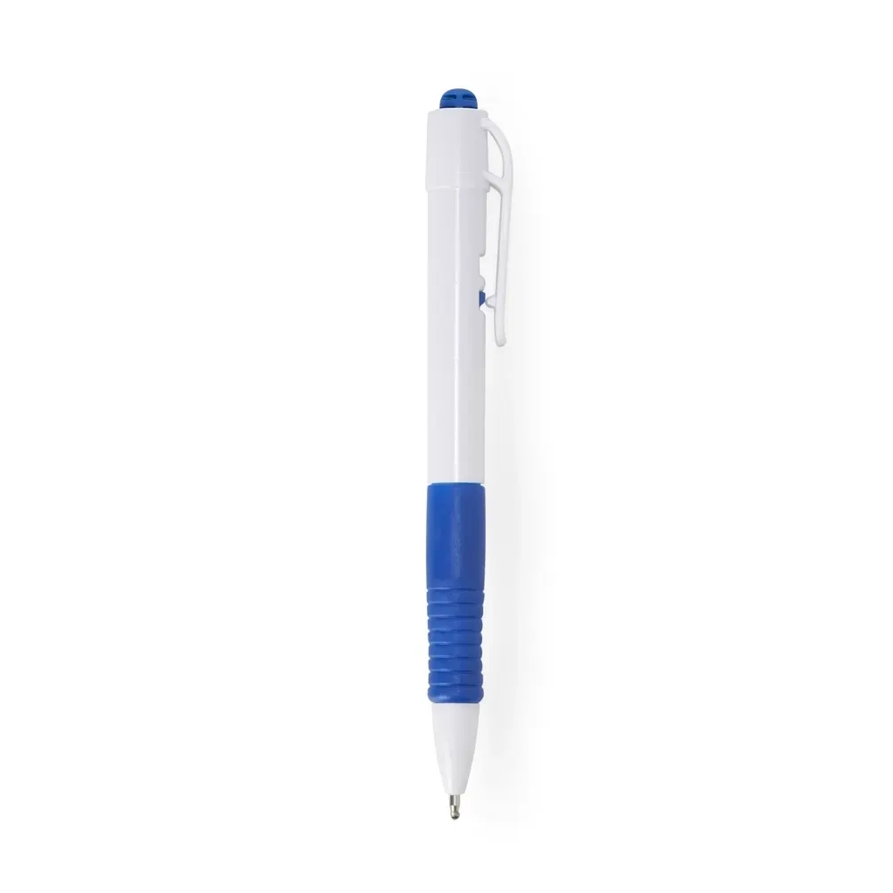 Caneta plástica personalizada azul, detalhe emborrachado