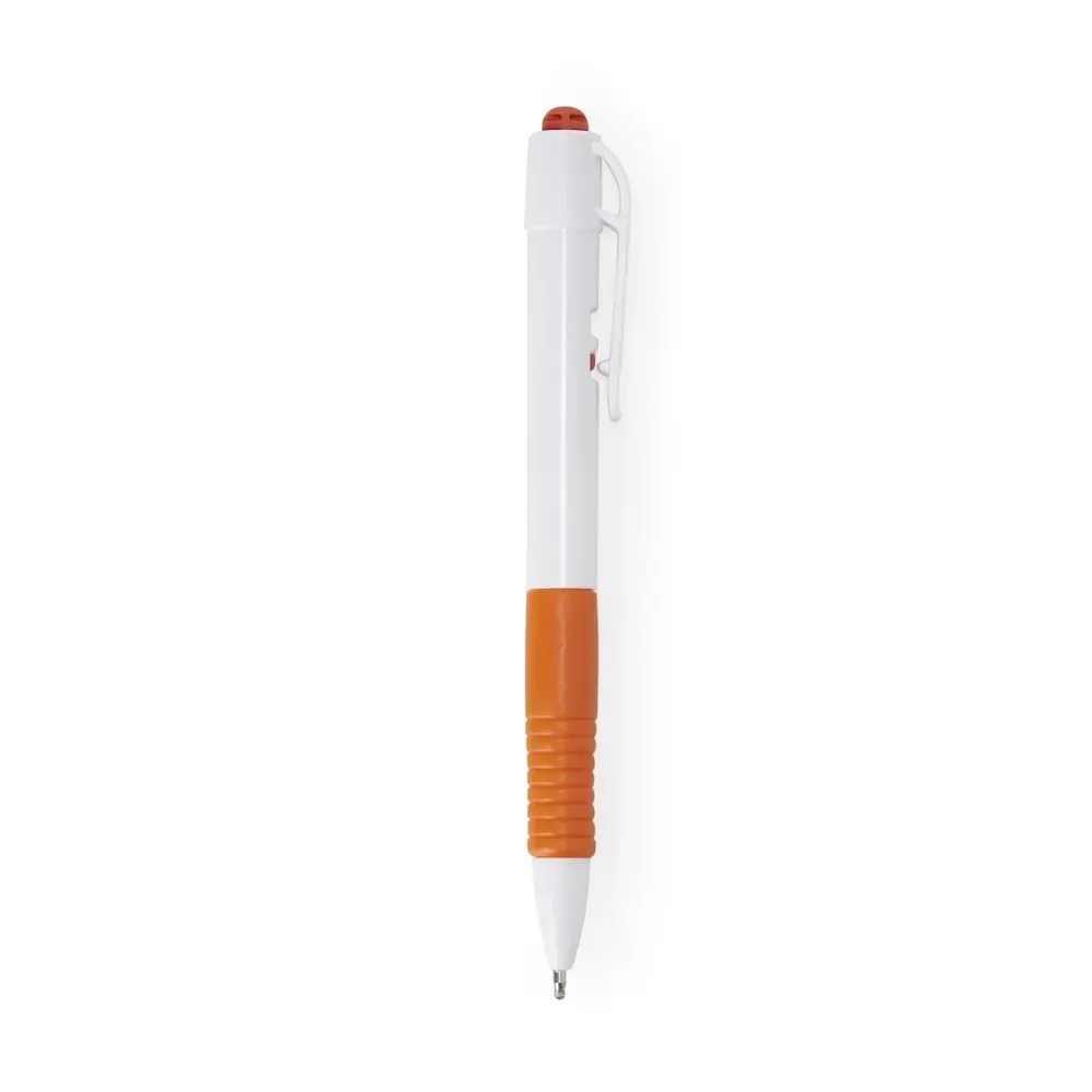 Caneta plástica personalizada laranja, detalhe emborrachado