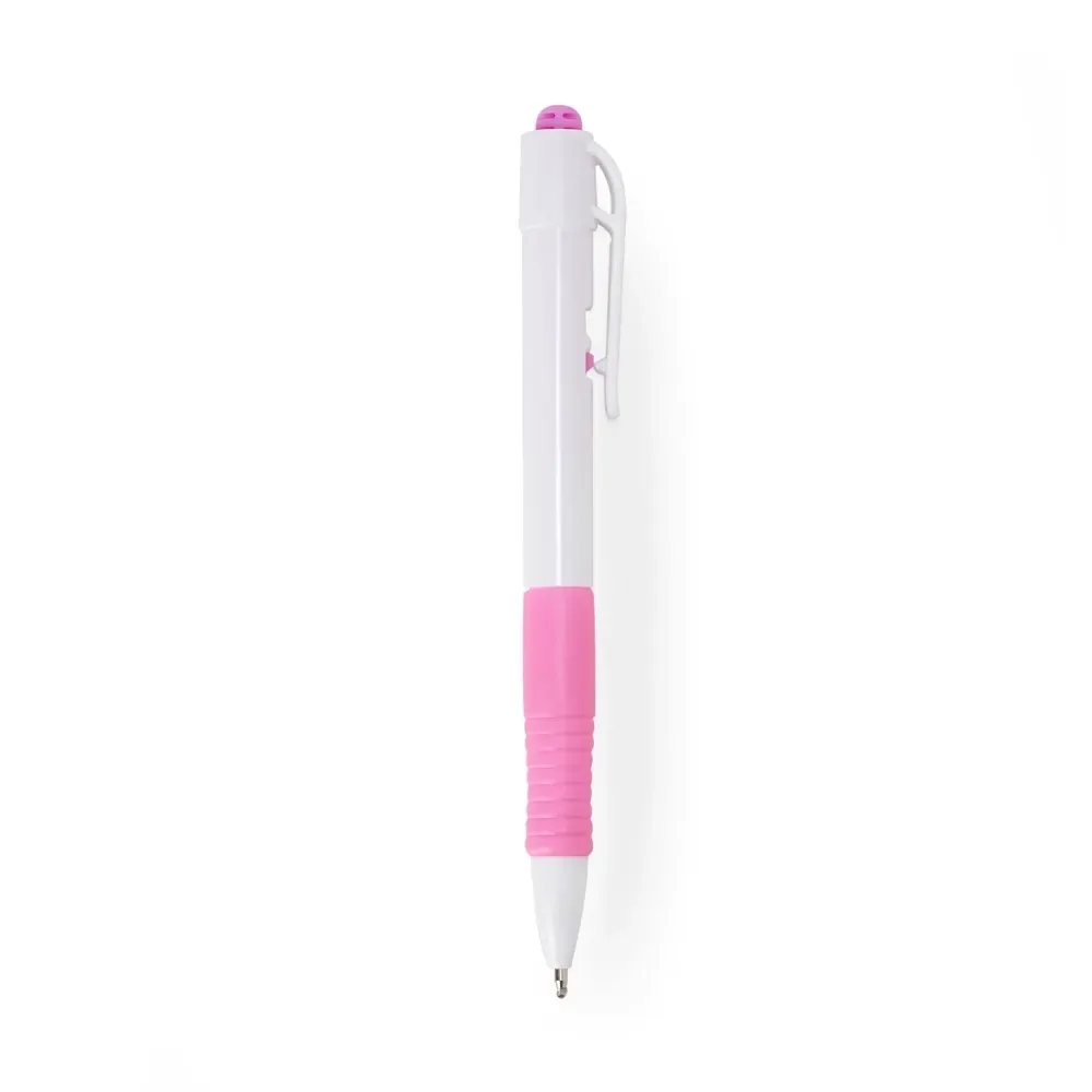 Caneta plástica personalizada rosa, detalhe emborrachado