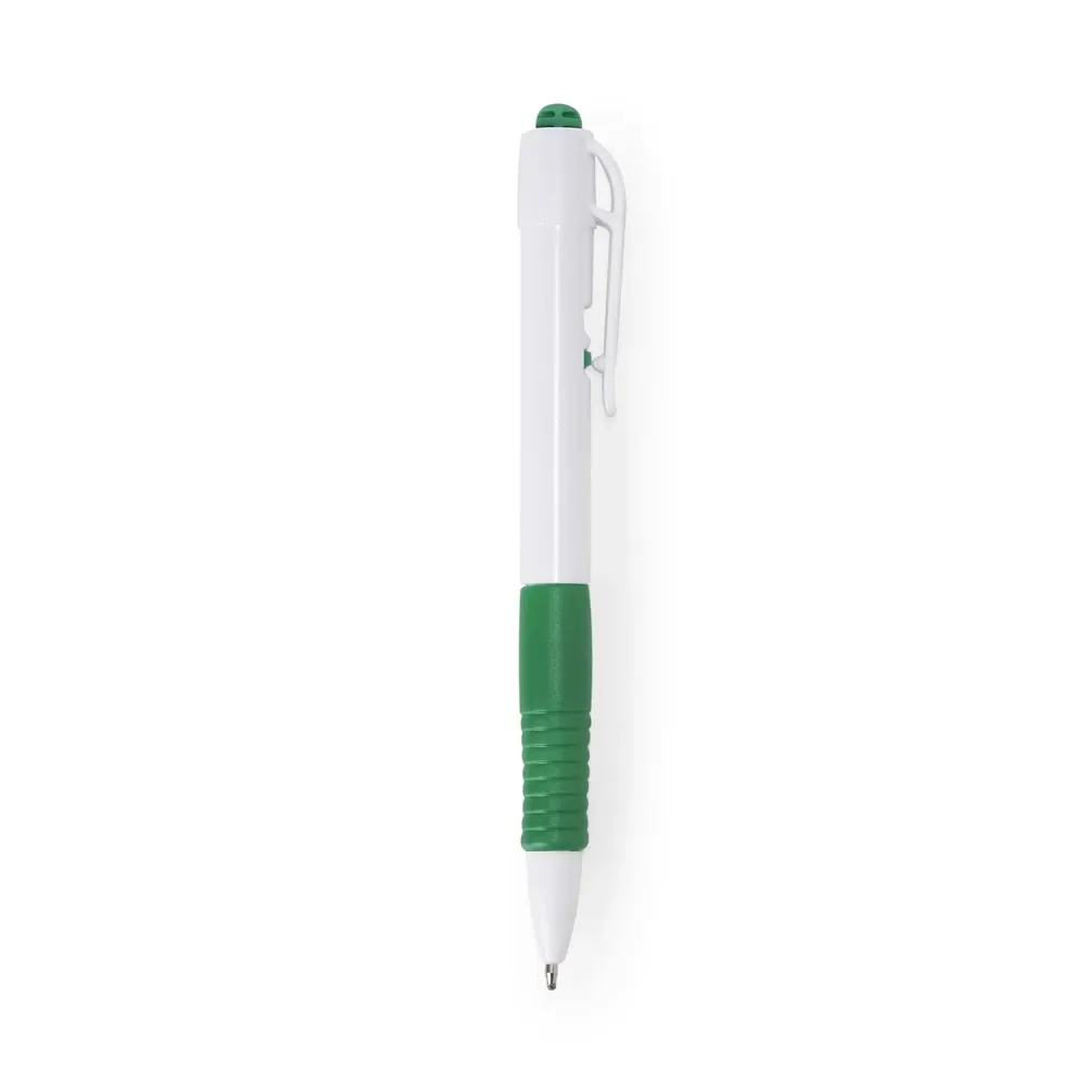 Caneta plástica personalizada verde, detalhe emborrachado