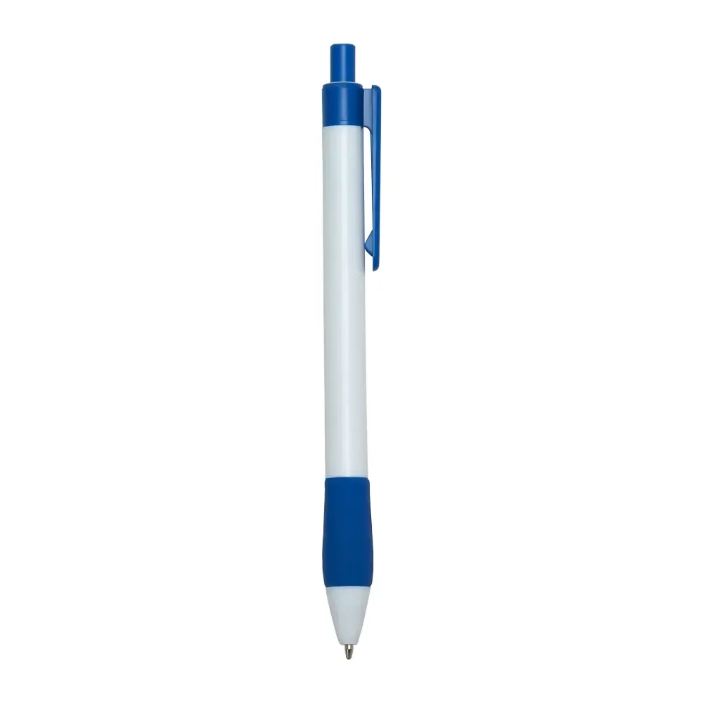 Caneta plástica personalizada com detalhe emborrachado colorida azul