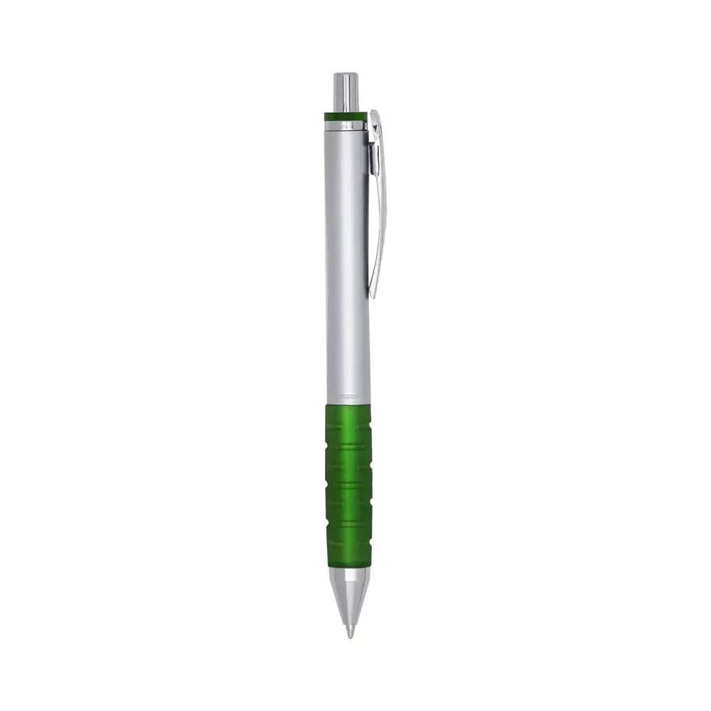 Caneta plástica personalizada com detalhe emborrachado compacta verde