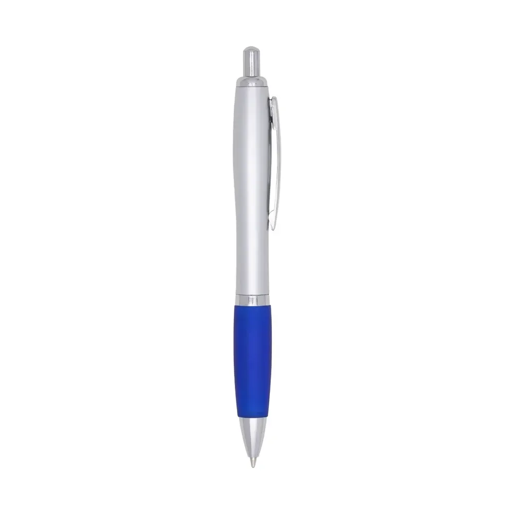 Caneta plástica personalizada com detalhe emborrachado grande azul