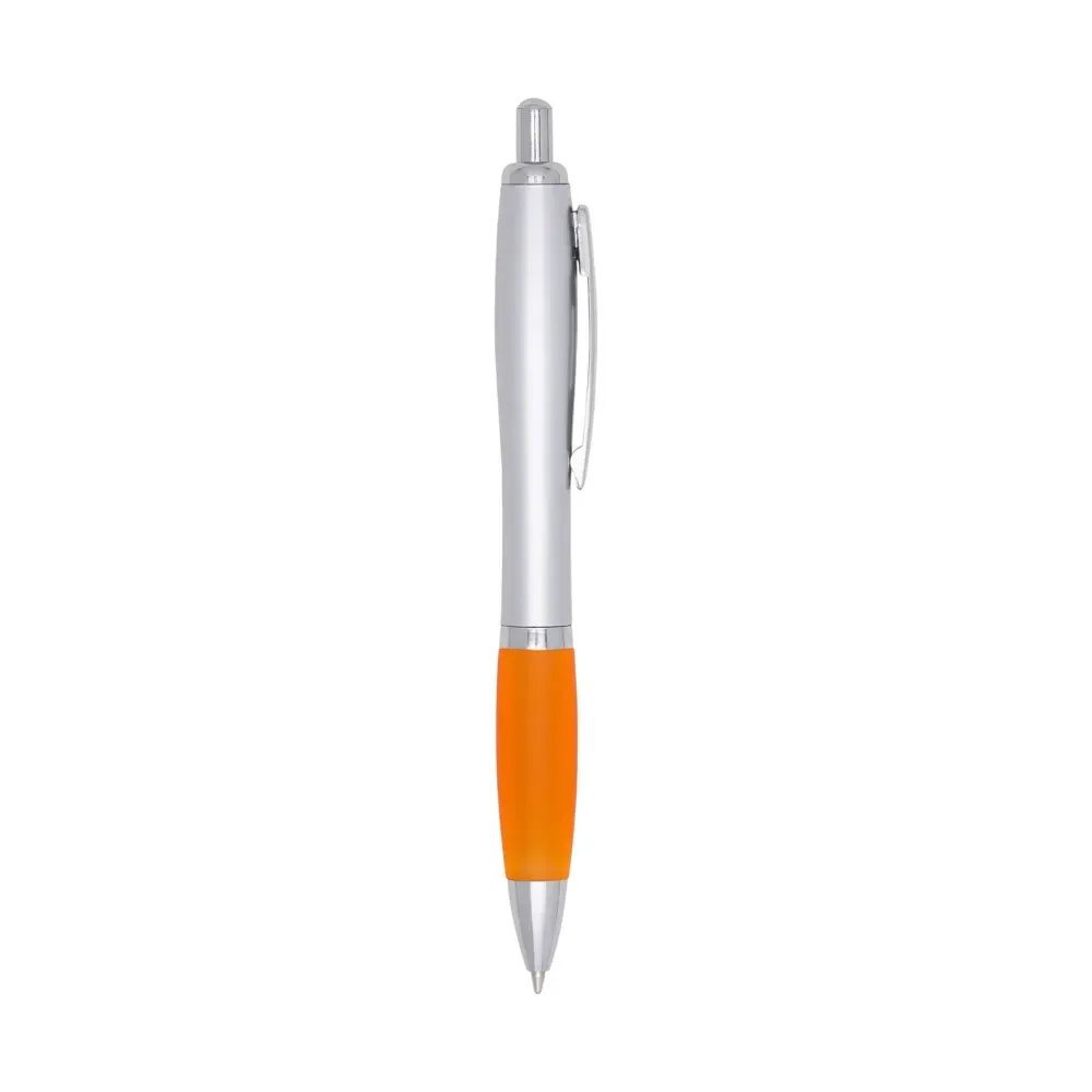 Caneta plástica personalizada com detalhe emborrachado grande laranja