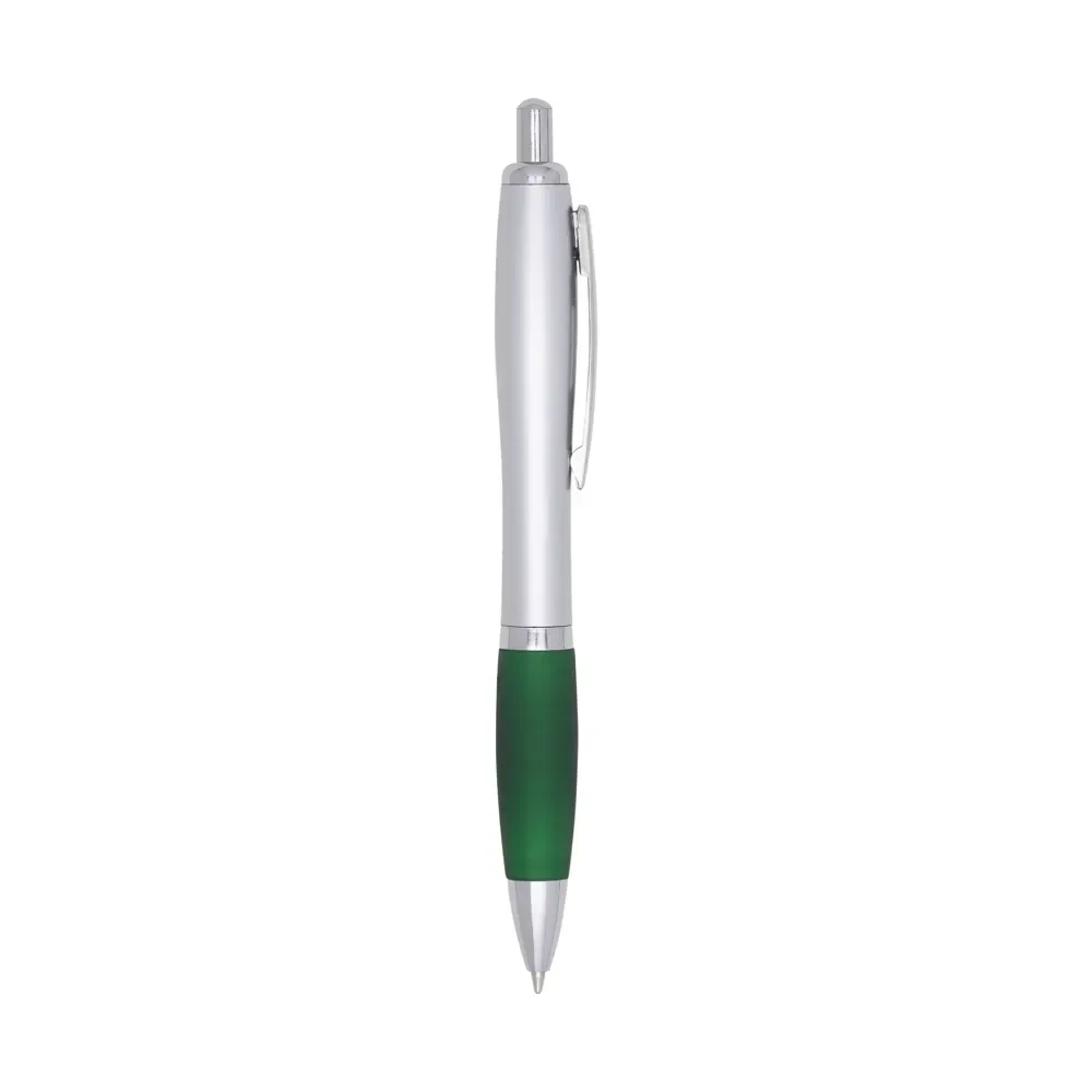 Caneta plástica personalizada com detalhe emborrachado grande verde
