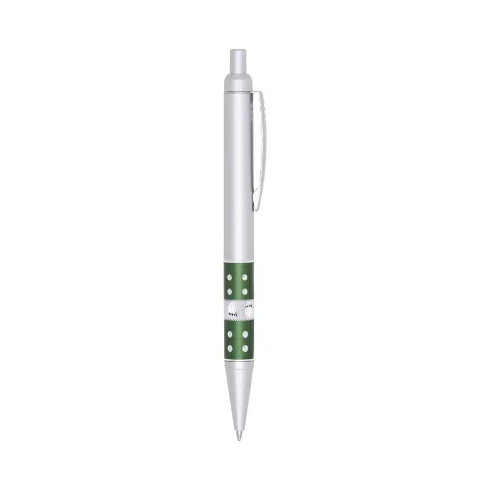 Caneta plástica personalizada com detalhe strass verde