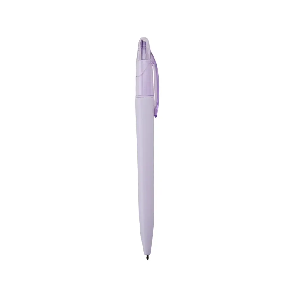 "Caneta Plástica Personalizada com Marca Texto e Tampa Protetora roxo"
