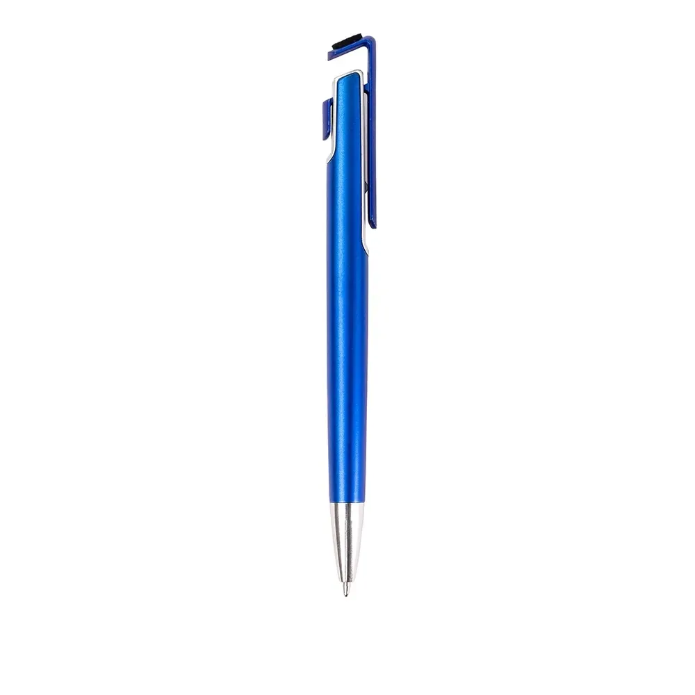 Caneta plástica personalizada com suporte para celular azul