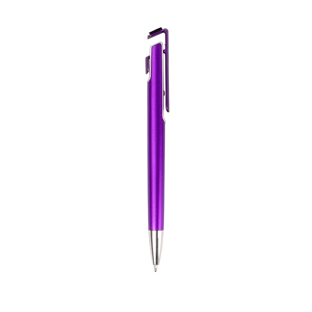 Caneta plástica personalizada com suporte para celular roxo
