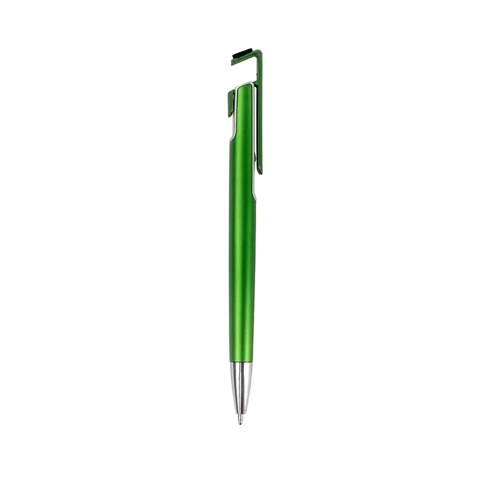 Caneta plástica personalizada com suporte para celular verde