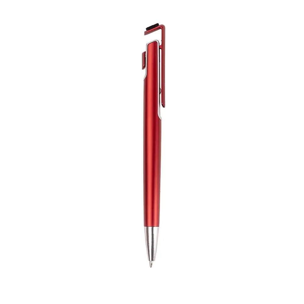 Caneta plástica personalizada com suporte para celular vermelho