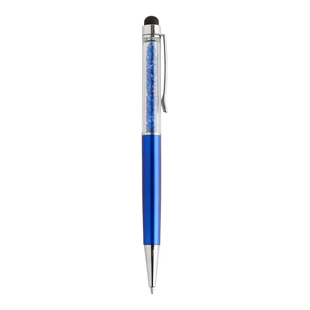Caneta plástica touch personalizada azul claro, detalhe em cristal
