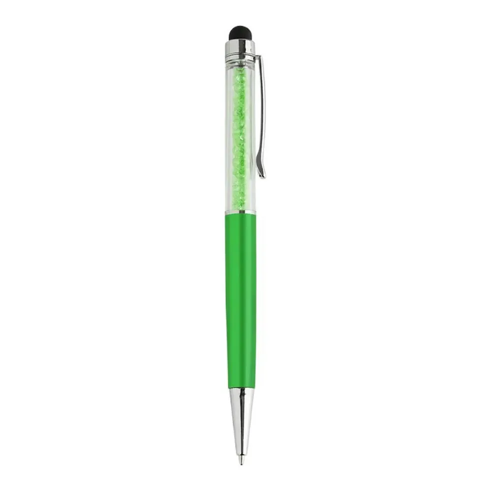 Caneta plástica touch personalizada verde, detalhe em cristal