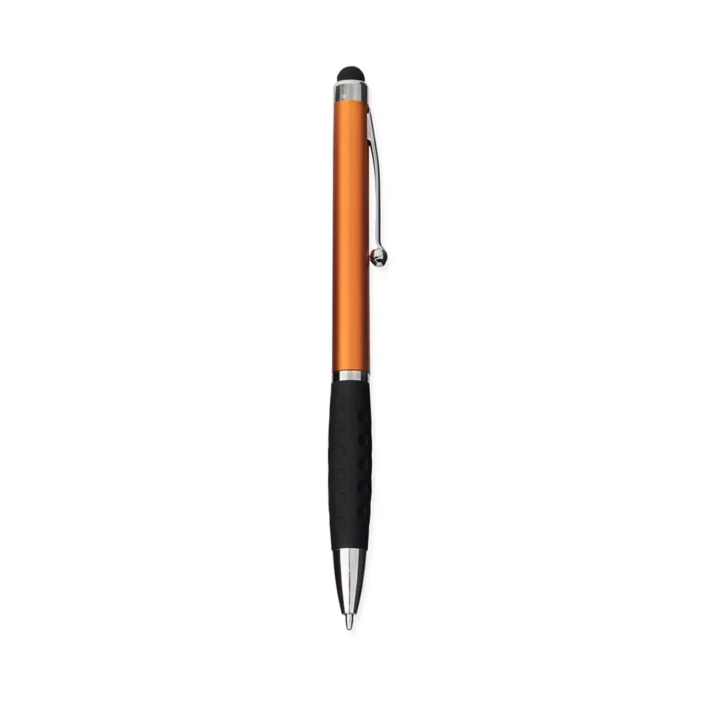 Caneta plástica touch personalizada detalhes metal laranja