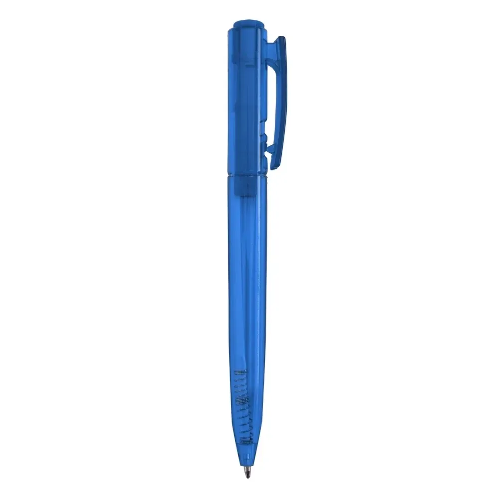 Caneta plástica personalizada translúcida com clipe azul