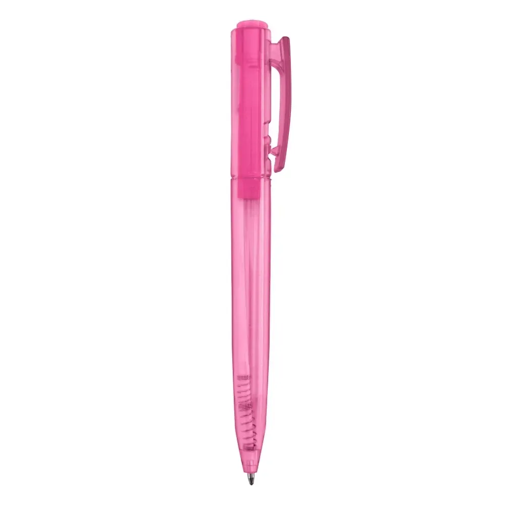 Caneta plástica personalizada translúcida com clipe rosa