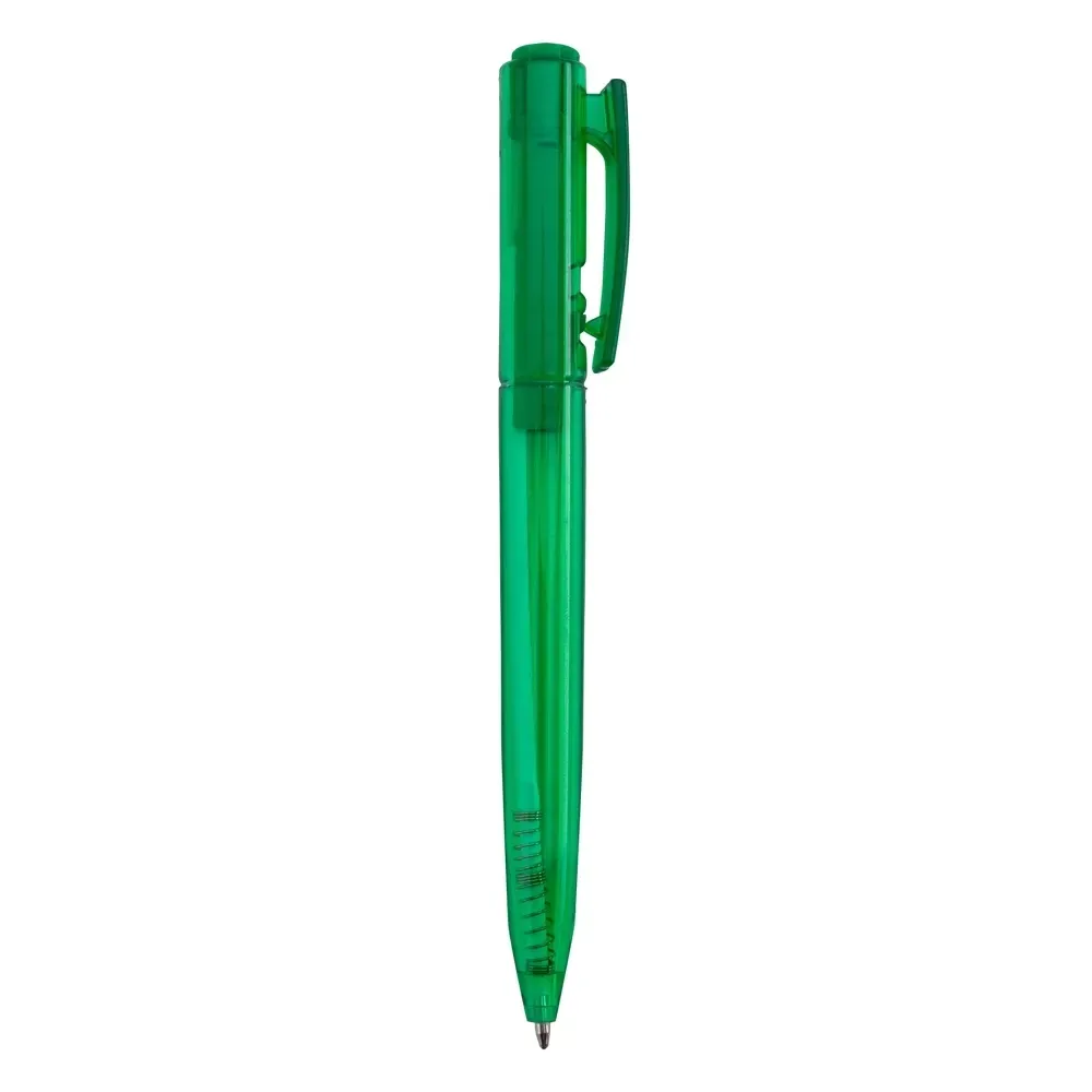 Caneta plástica personalizada translúcida com clipe verde
