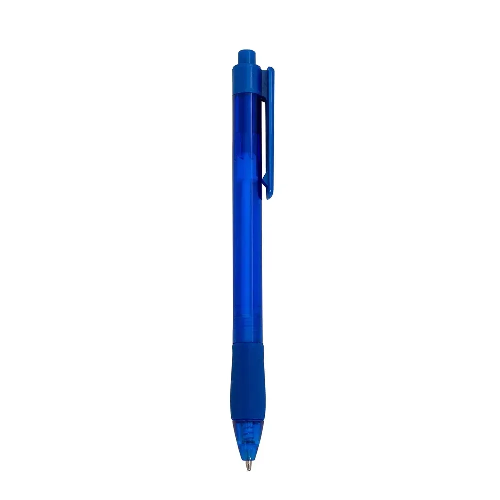 Caneta plástica personalizada translúcida com detalhe emborrachado azul
