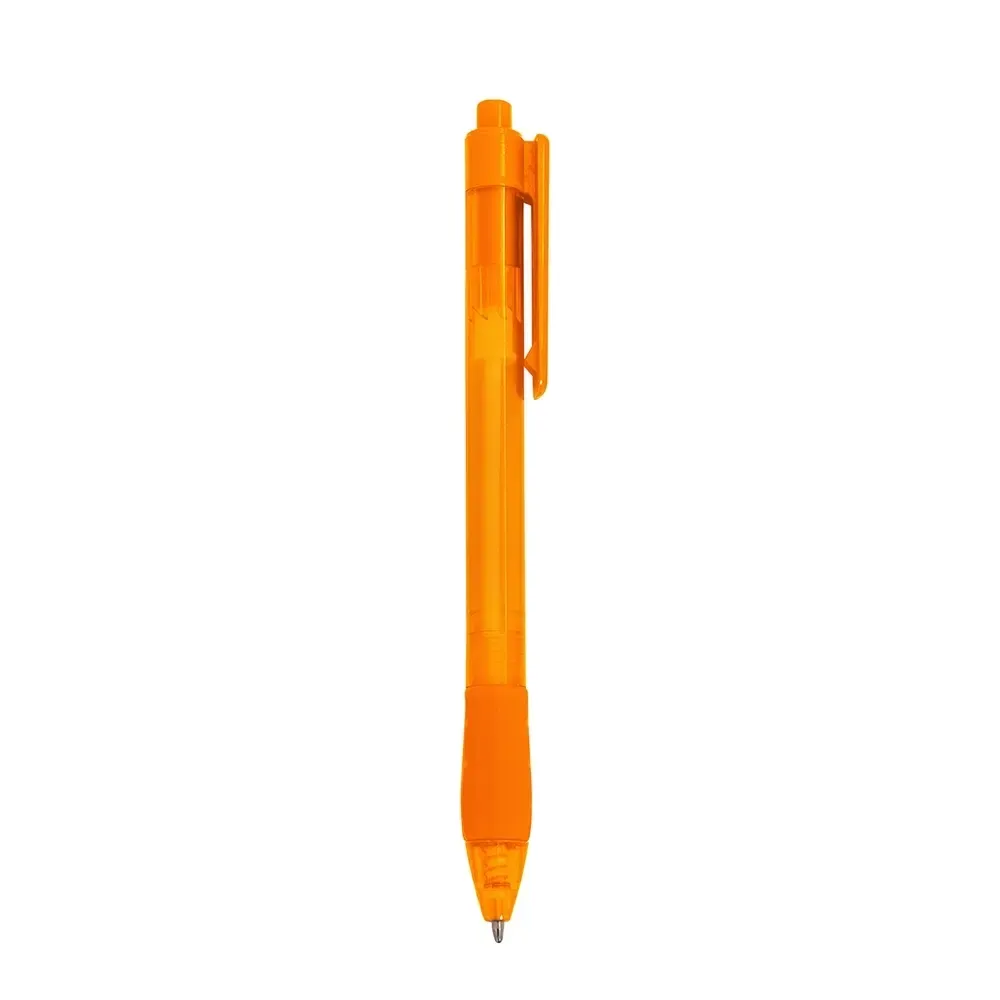 Caneta plástica personalizada translúcida com detalhe emborrachado laranja