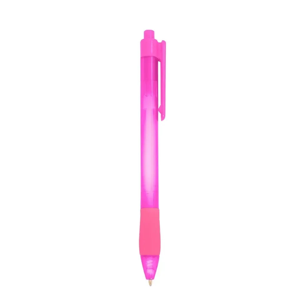 Caneta plástica personalizada translúcida com detalhe emborrachado rosa