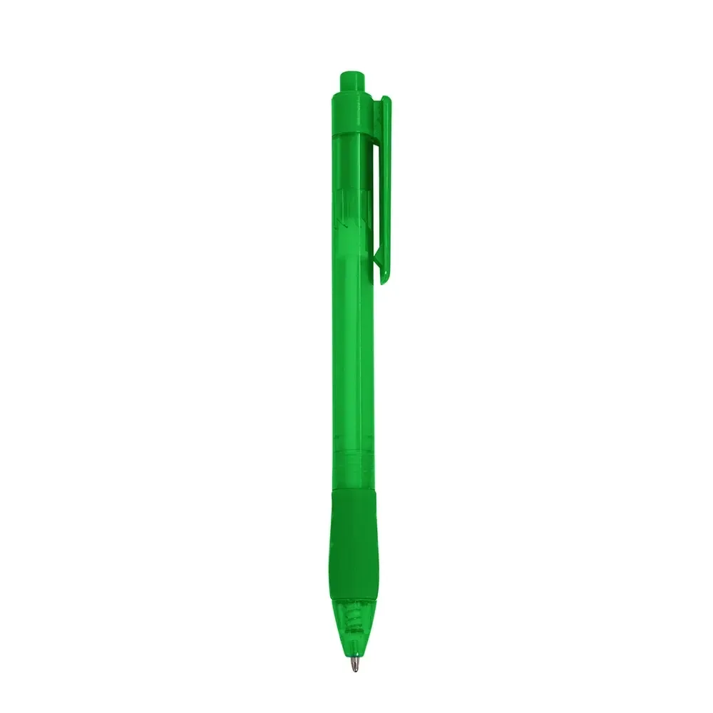 Caneta plástica personalizada translúcida com detalhe emborrachado verde