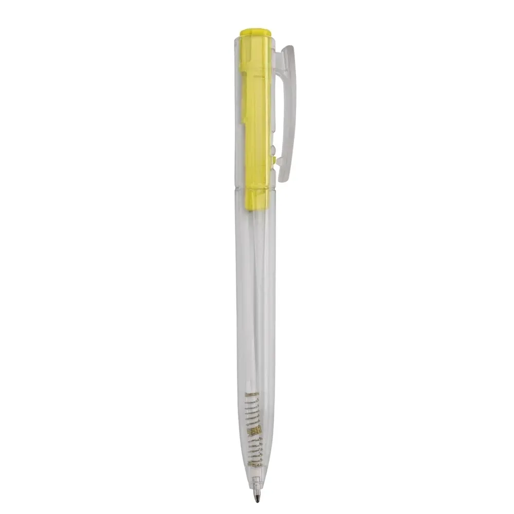 Caneta plástica personalizada transparente com detalhe amarelo