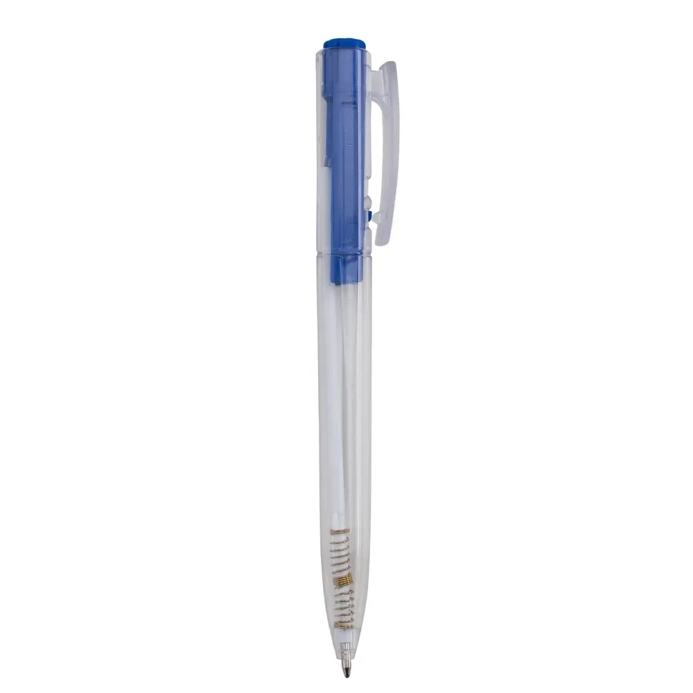 Caneta plástica personalizada transparente com detalhe azul