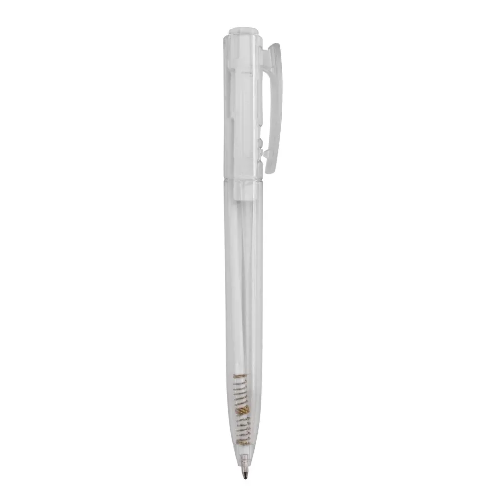 Caneta plástica personalizada transparente com detalhe branco