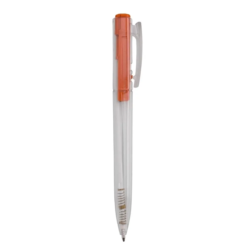 Caneta plástica personalizada transparente com detalhe laranja