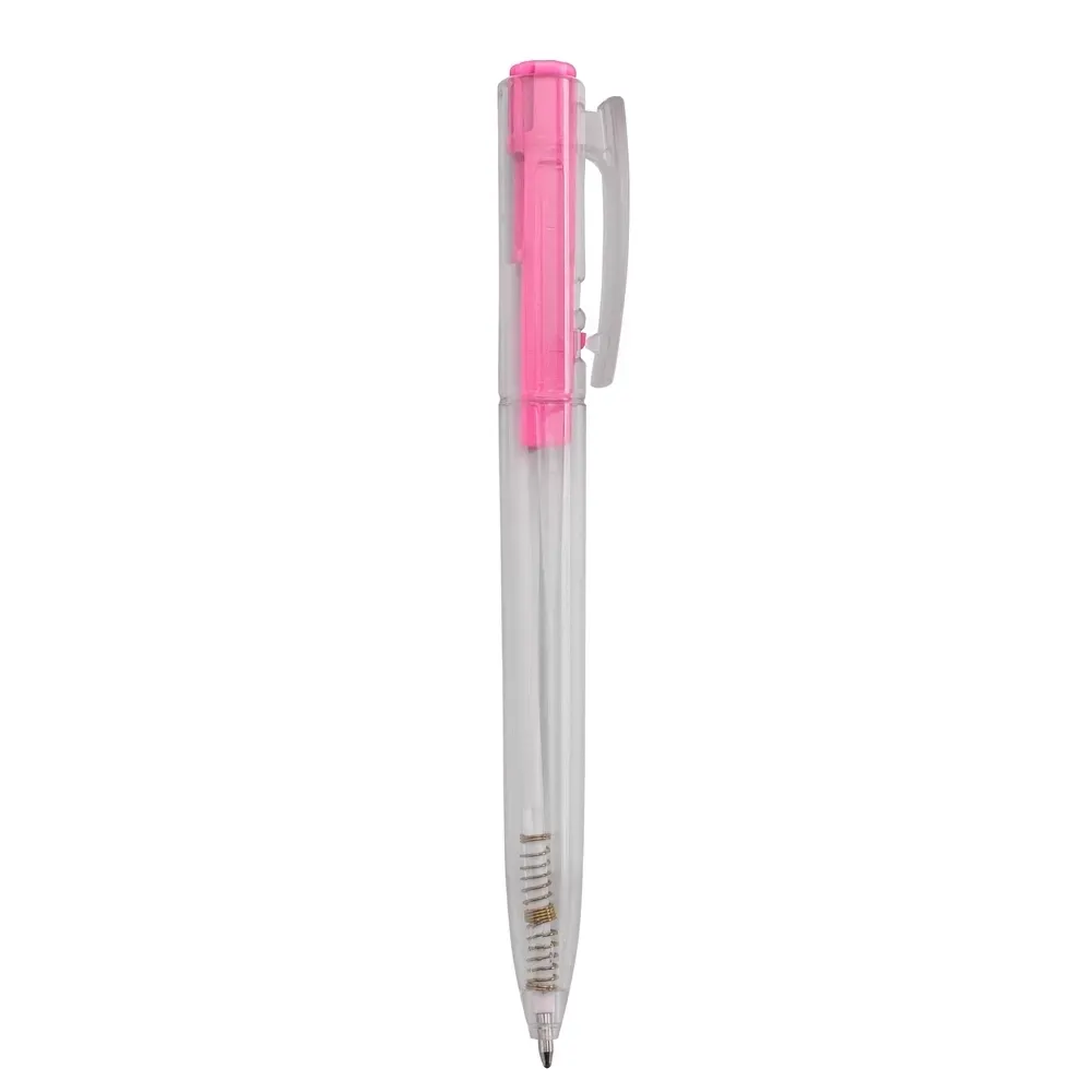 Caneta plástica personalizada transparente com detalhe rosa