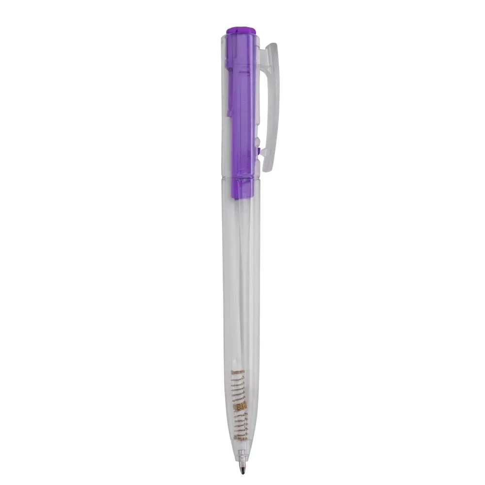 Caneta plástica personalizada transparente com detalhe roxo