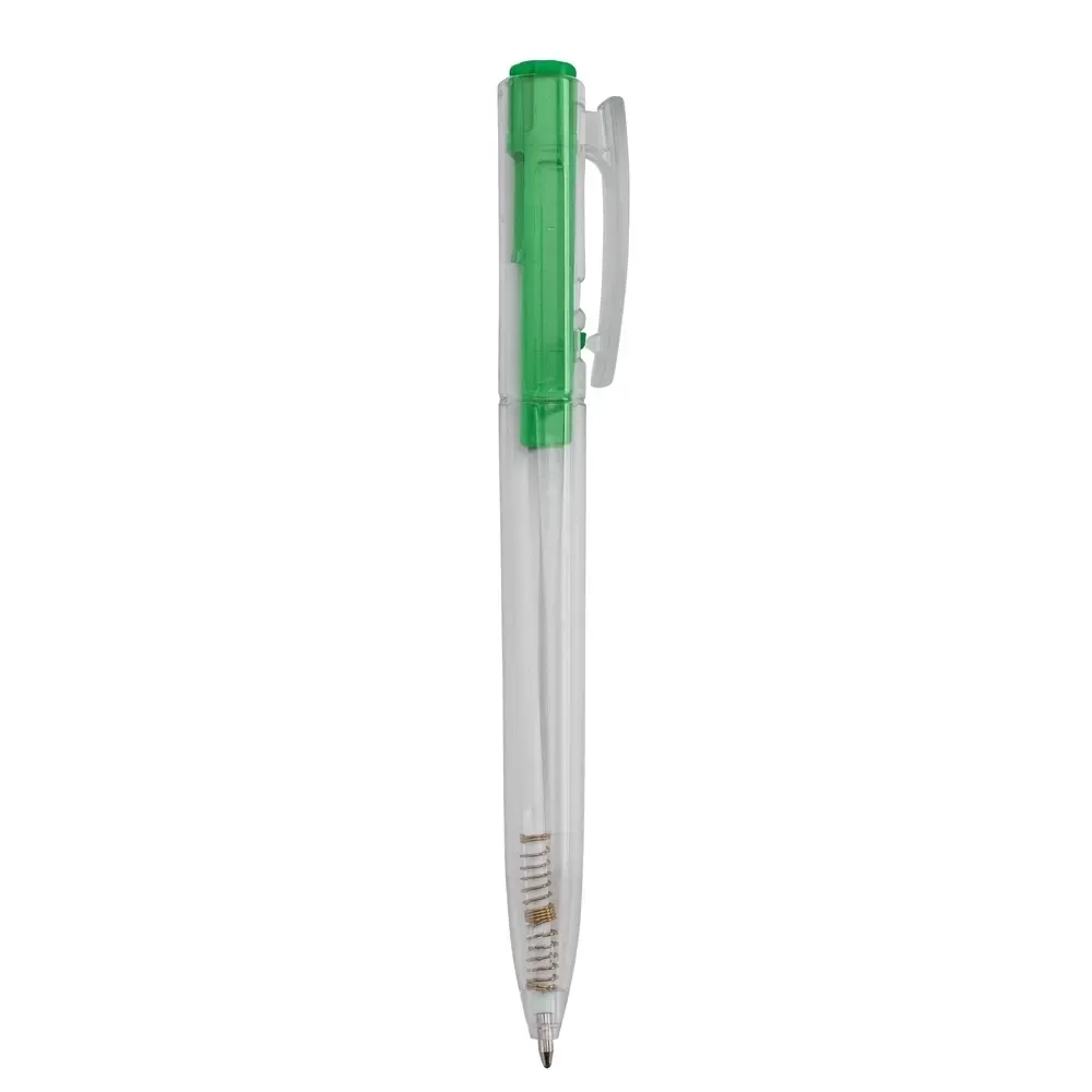 Caneta plástica personalizada transparente com detalhe verde