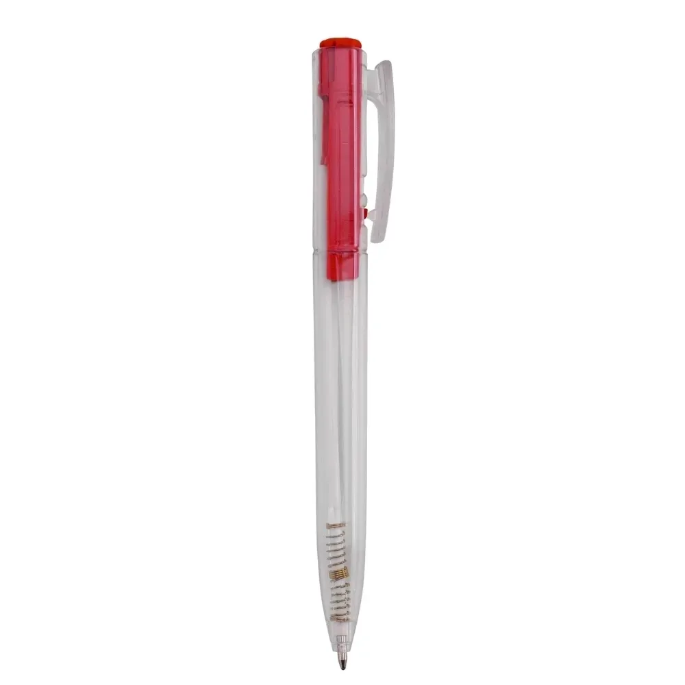 Caneta plástica personalizada transparente com detalhe vermelho