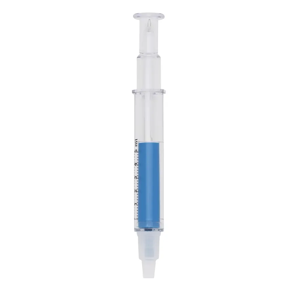 Caneta seringa com marca texto personalizada azul — vista frontal