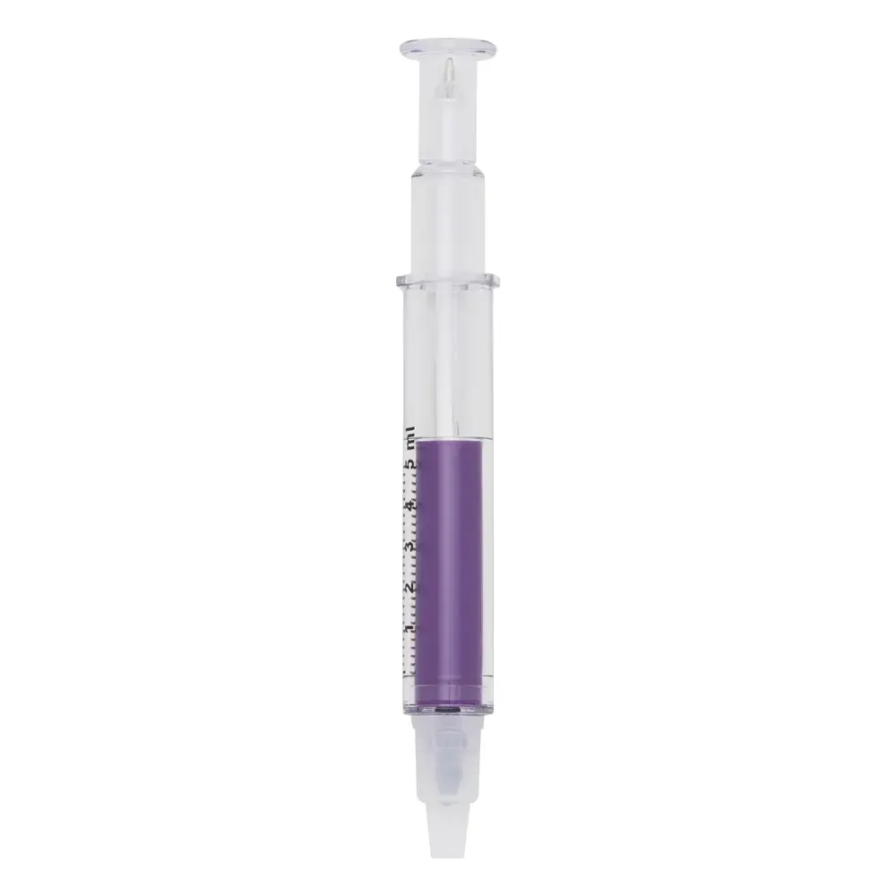 Caneta seringa com marca texto personalizada roxa