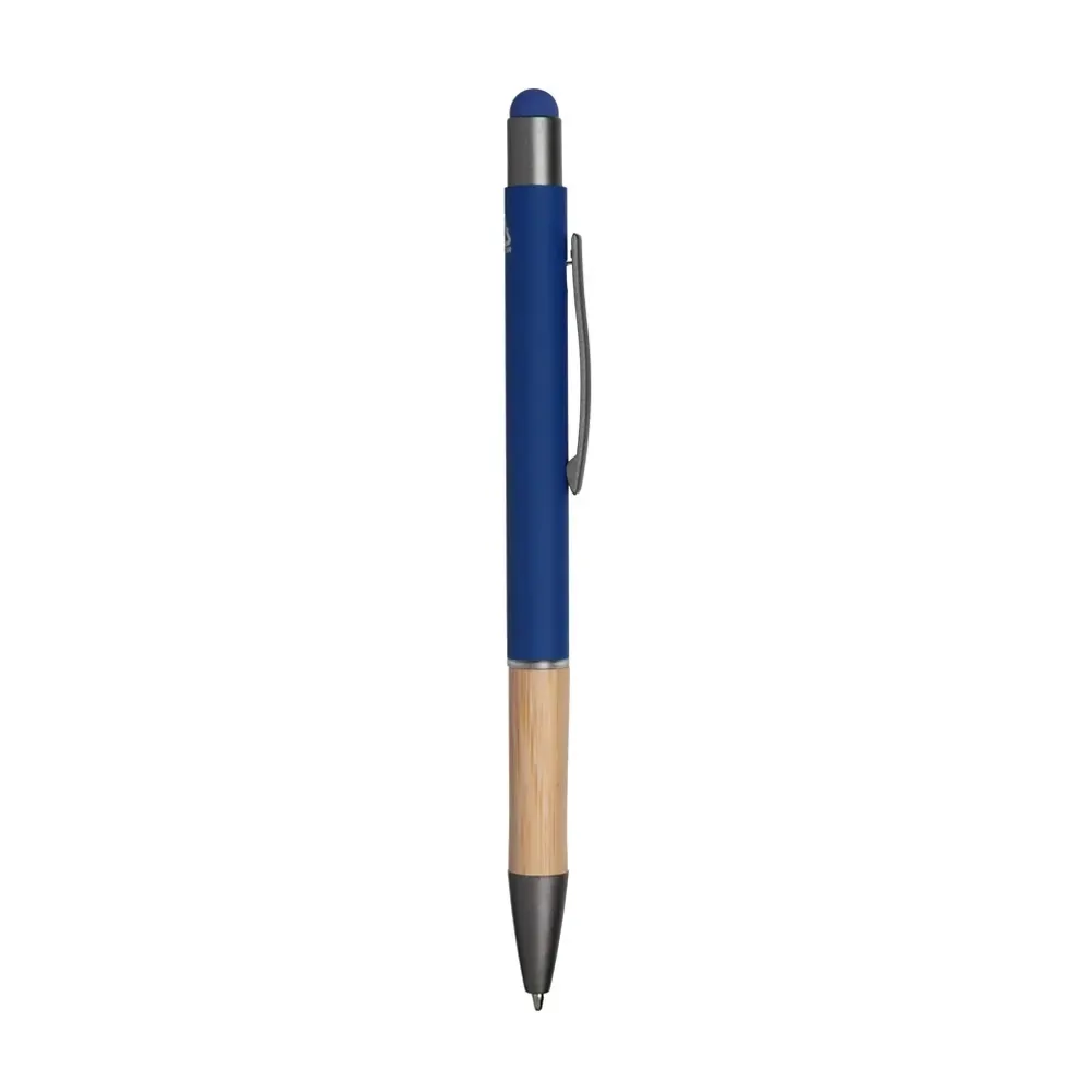 Caneta touch screen personalizada azul em alumínio reciclado com detalhe em bambu