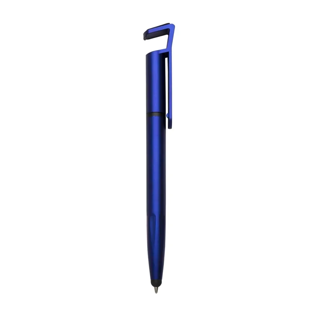 Caneta touch personalizada com suporte para celular azul — vista frontal
