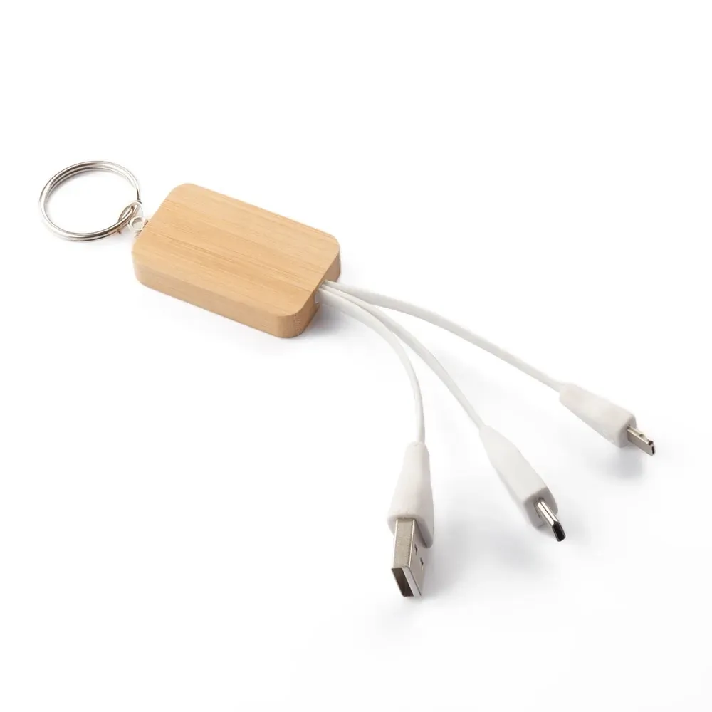 Chaveiro personalizado de bambu com cabo de carregamento USB integrado