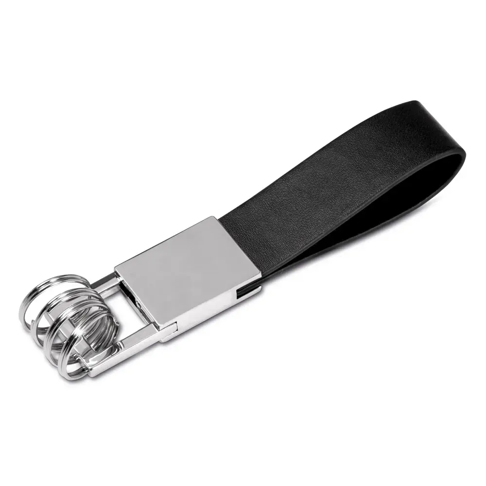 Chaveiro personalizado de metal com 4 argolas e couro sintético, cor preta