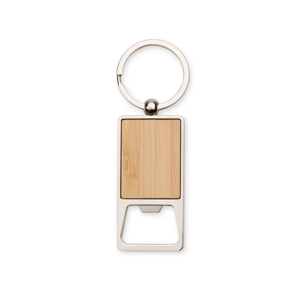 Chaveiro abridor personalizado em metal com detalhe em bambu, cor bambu